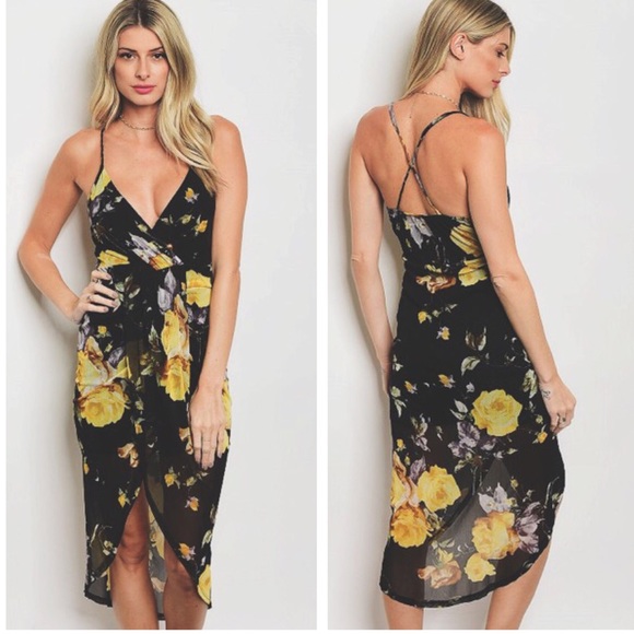 Tayzani Dresses & Skirts - Black Yellow Floral Strappy Hi Low Surplice Dress